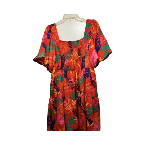 Skies Are Blue Puffed Sleeve Square Neck Tropical Print Dress in Red, Large - Picture 4 of 10